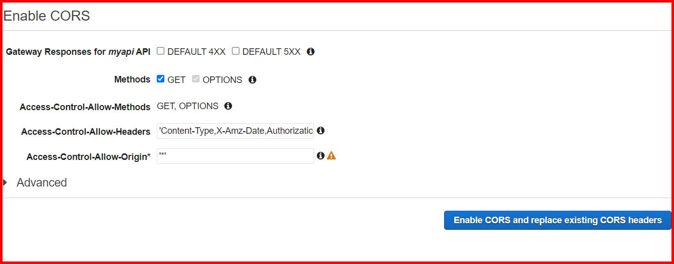Picture showing the window to enable CORS